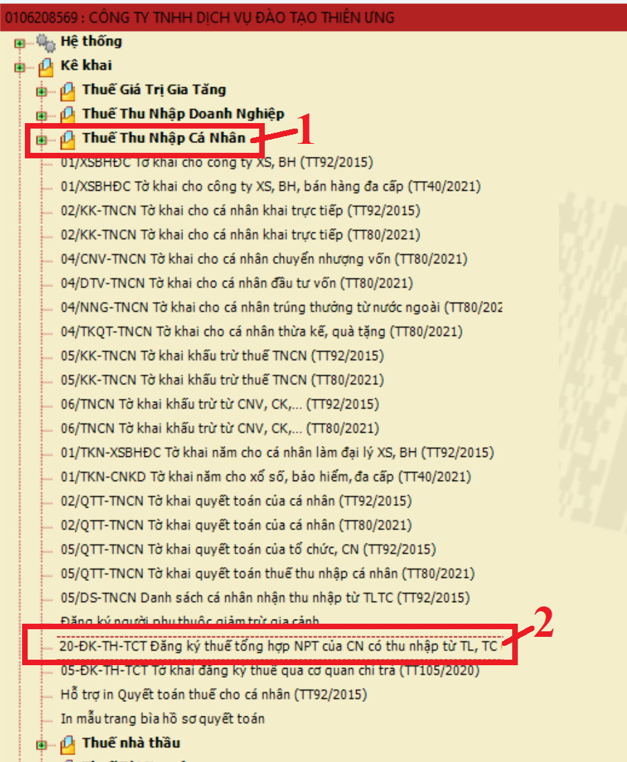 Lựa chọn tờ khai đăng ký NPT trên phần mềm HTKK