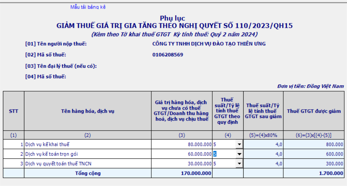 Kê khai giảm thuế GTGT Kê khai giảm thuế GTGT