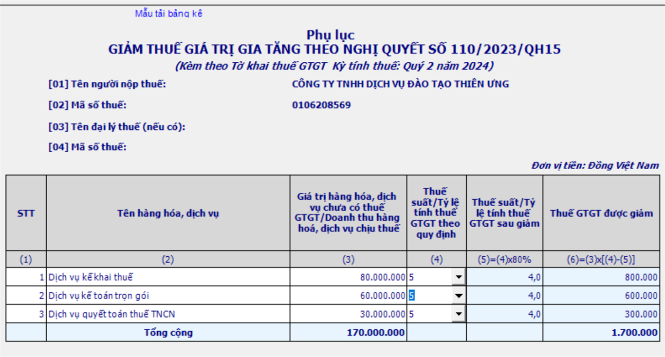 Kê khai giảm thuế GTGT