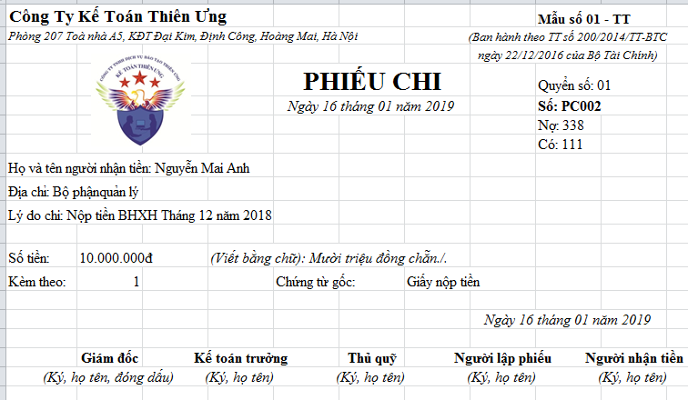 Mẫu phiếu chi Excel theo TT 200 Mẫu phiếu chi Excel theo TT 200