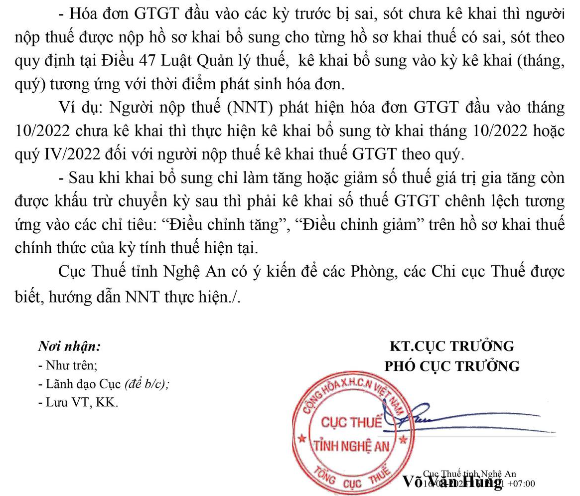 Công văn 4906/CT-KK ngày 16/8/2023 của Cục Thuế Nghệ An hướng dẫn kê khai hóa đơn đầu vào bỏ sót