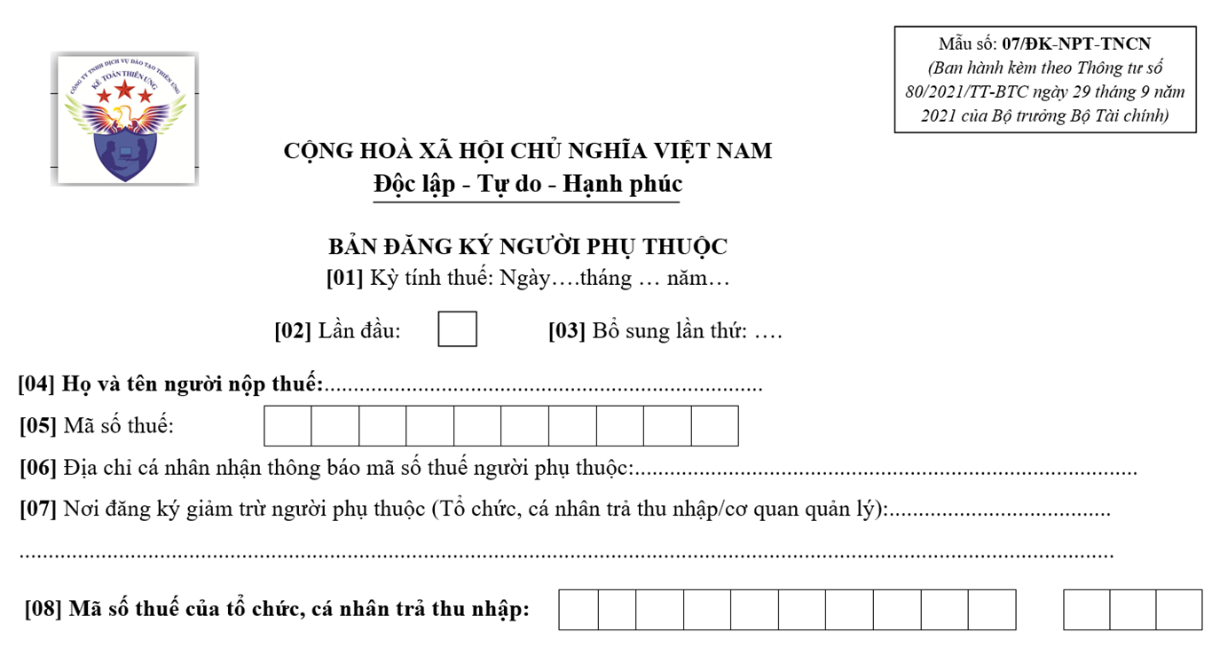 Mẫu số: 07/ĐK-NPT-TNCN theo thông tư 80/2021/TT-BTC