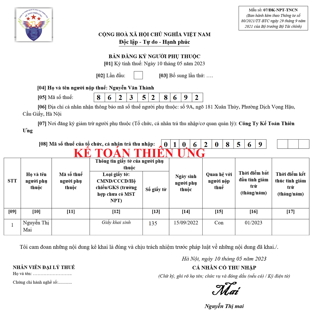 Mẫu  07/ĐK-NPT-TNCN đăng ký người phụ thuộc