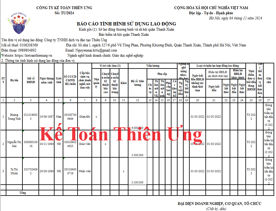 Mẫu báo cáo tình hình sử dụng lao động