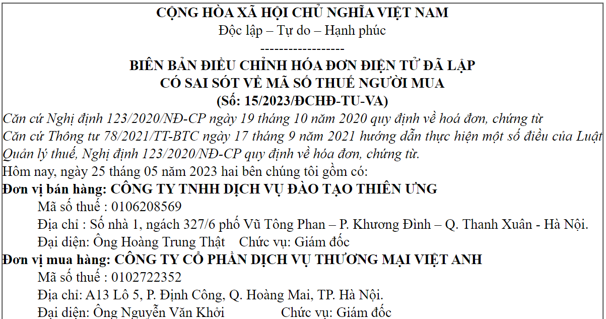 Mẫu biên bản điều chỉnh hóa đơn điện tử có sai sót