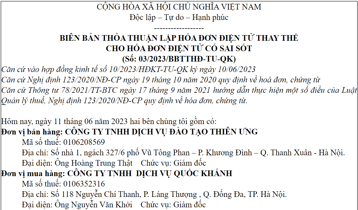 Mẫu biên bản thay thế hóa đơn điện tử