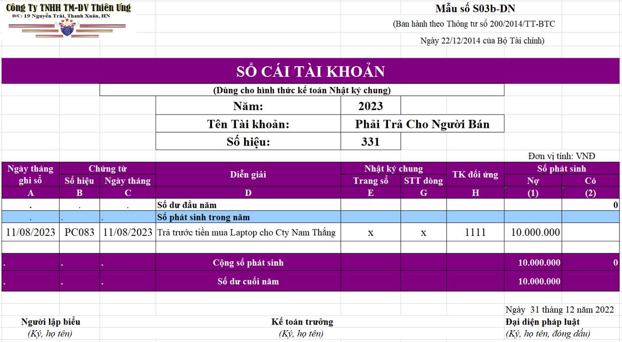Sổ cái tài khoản 331 Sổ cái tài khoản 331