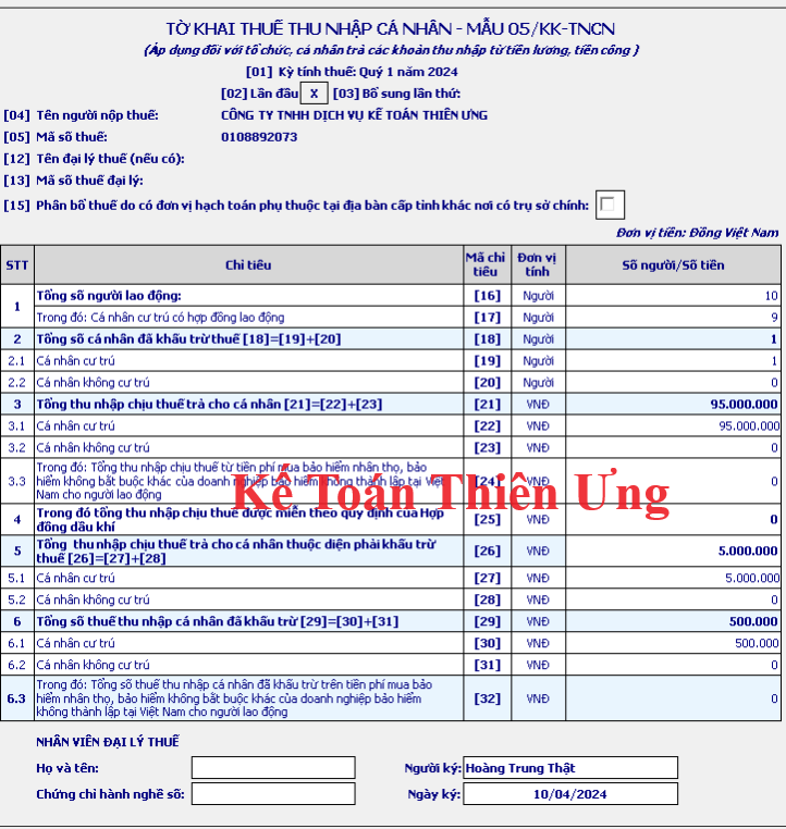 Tờ khai thuế TNCN lần đầu