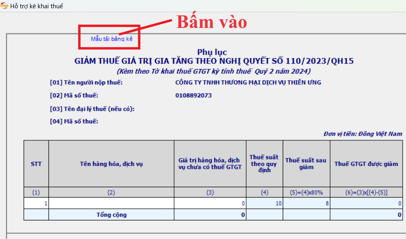 Tải bảng kê các mặt hàng được giảm thuế GTGT