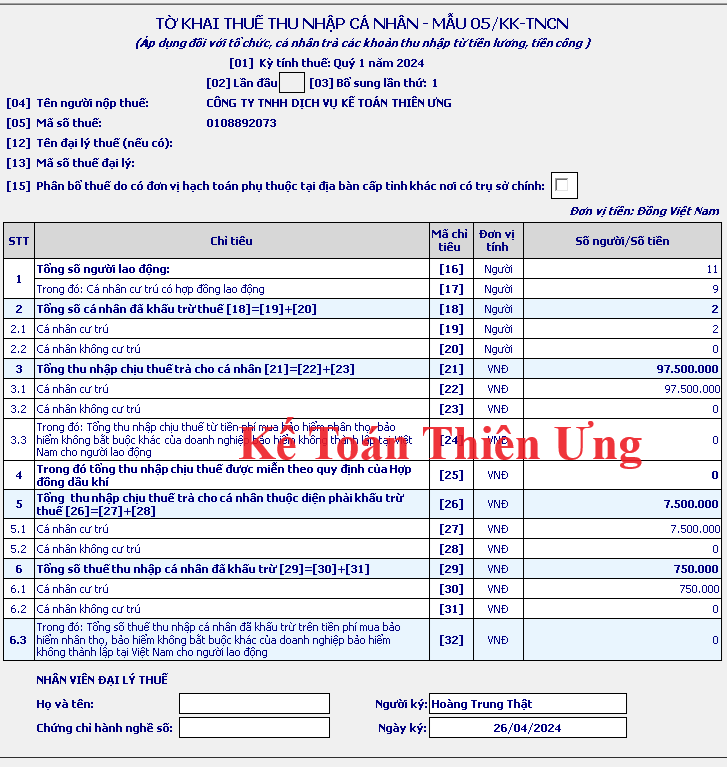 Tờ khai điều chỉnh bổ sung thuế TNCN