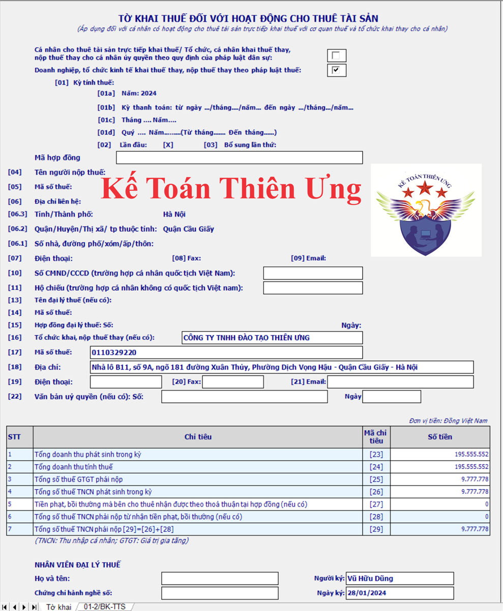 Mẫu 01/TTS Tờ khai thuế cho thuê tài sản 2024 theo thông tư 40