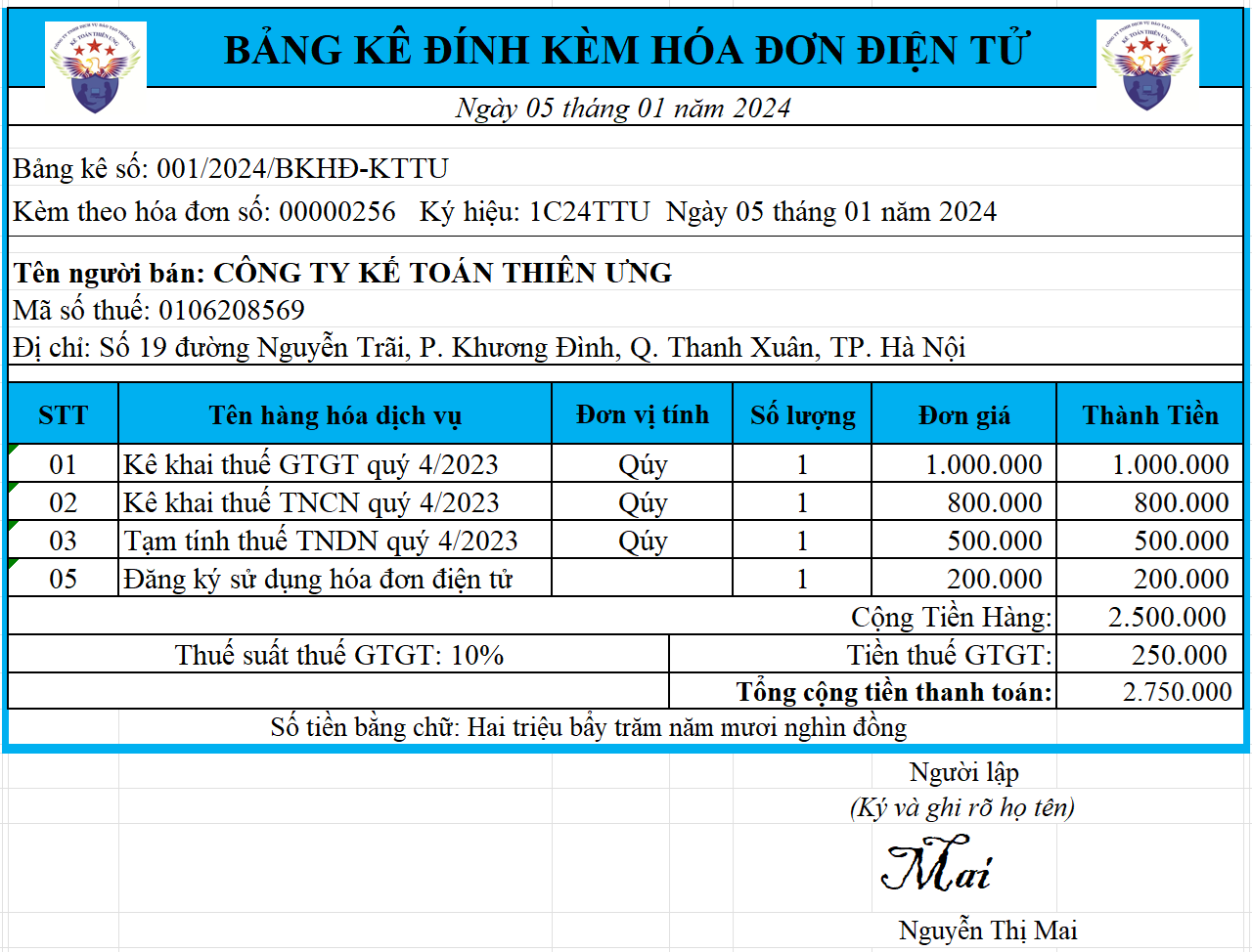 Mẫu bảng kê đính kèm hóa đơn điện tử