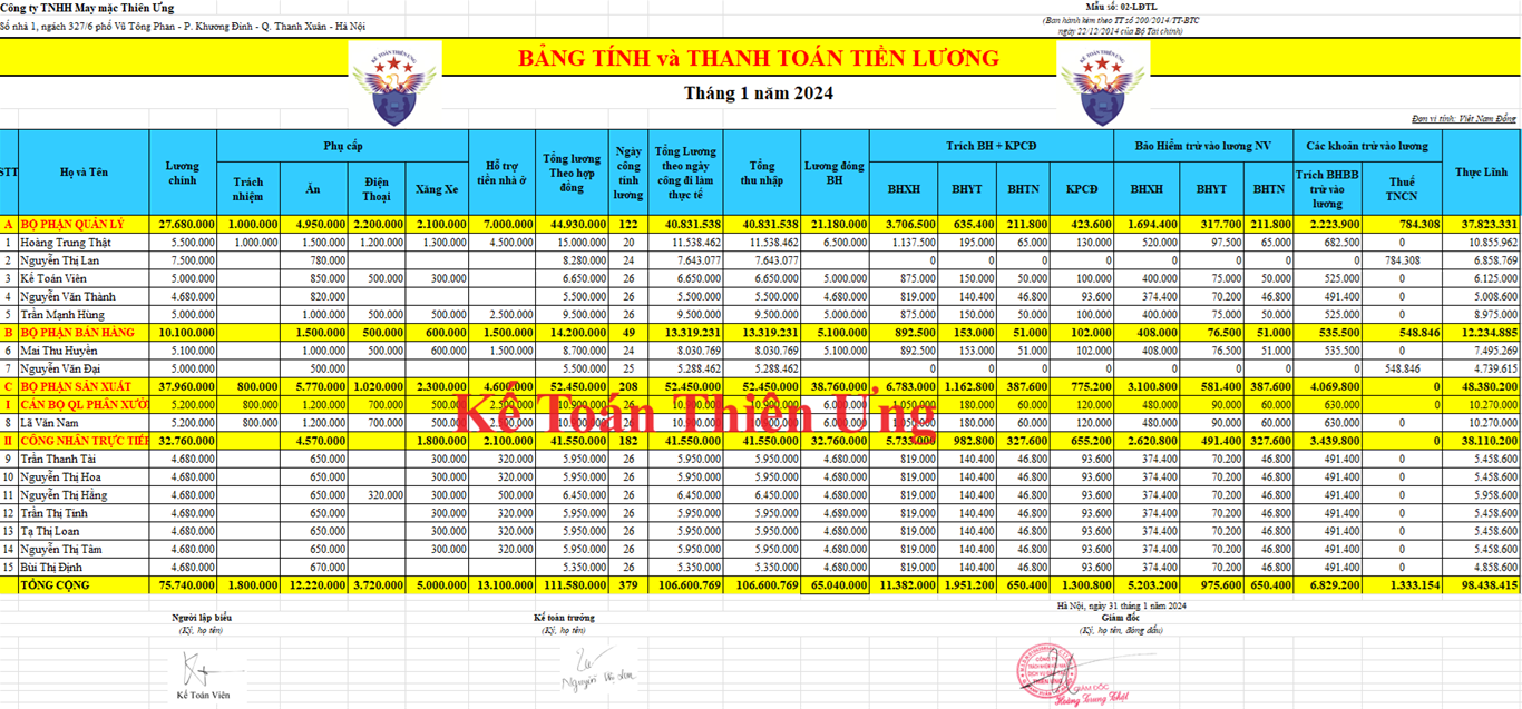 Mẫu bảng tính lương 2024