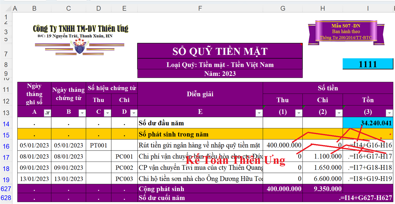 Cách lập sổ quỹ tiền mặt trên excel