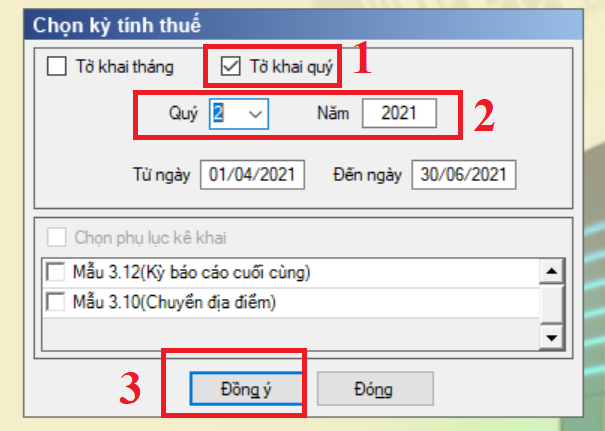 Chọn kỳ báo cáo tình hình sử dụng hóa đơn