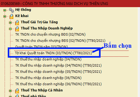 Chọn tờ khai QTT TNDN mẫu 03/TNDN theo Thông tư 80/2021/TT-BTC