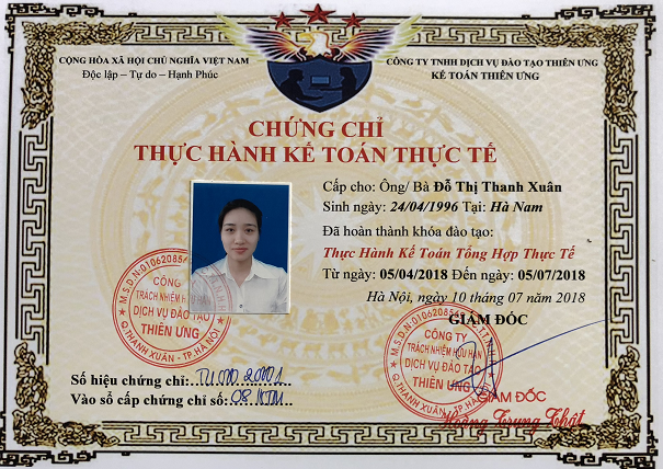 Chứng chỉ Thực hành kế toán thực tế do Kế Toán Thiên Ưng cấp sau khóa học