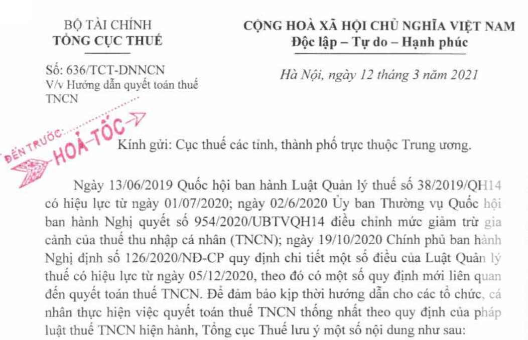 Công văn hướng dẫn quyết toán thuế TNCN năm 2021