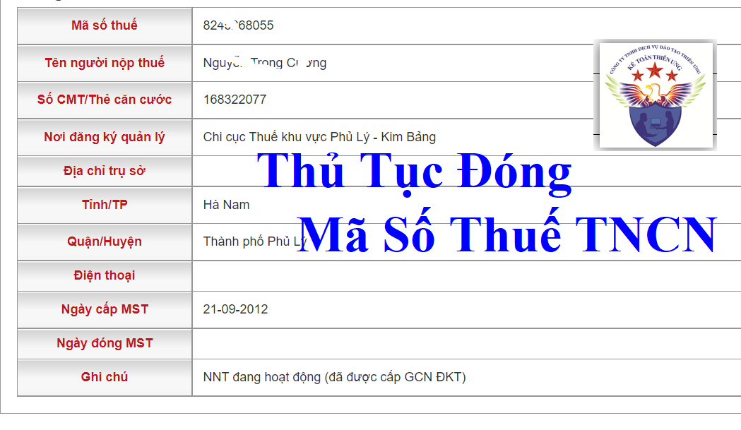 Thủ Tục đóng MST TNCN Thủ Tục đóng MST TNCN