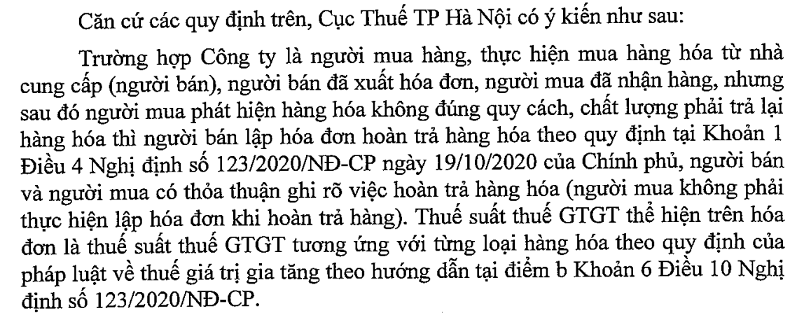 Công văn hướng dẫn lập hóa đơn trả lại hàng