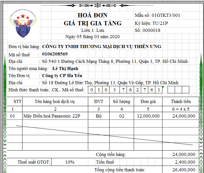 Hóa đơn đã xuất khi bán hàng