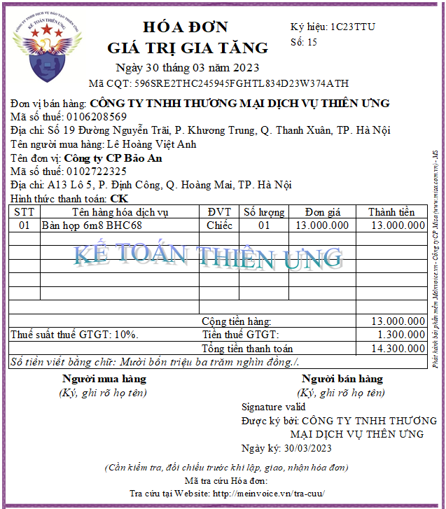 Hóa đơn điện tử công ty Thiên Ưng đã lập khi bán hàng