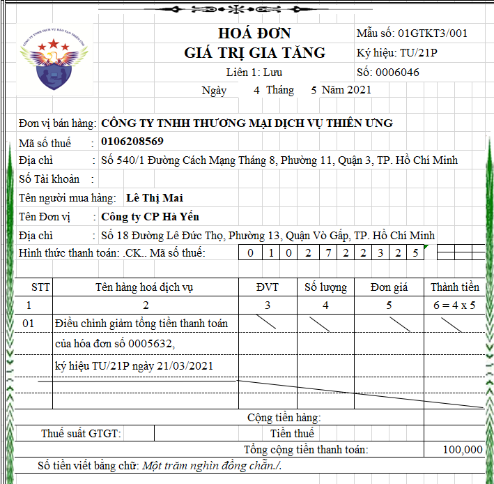 Mẫu hóa đơn điều chỉnh tổng thanh toán