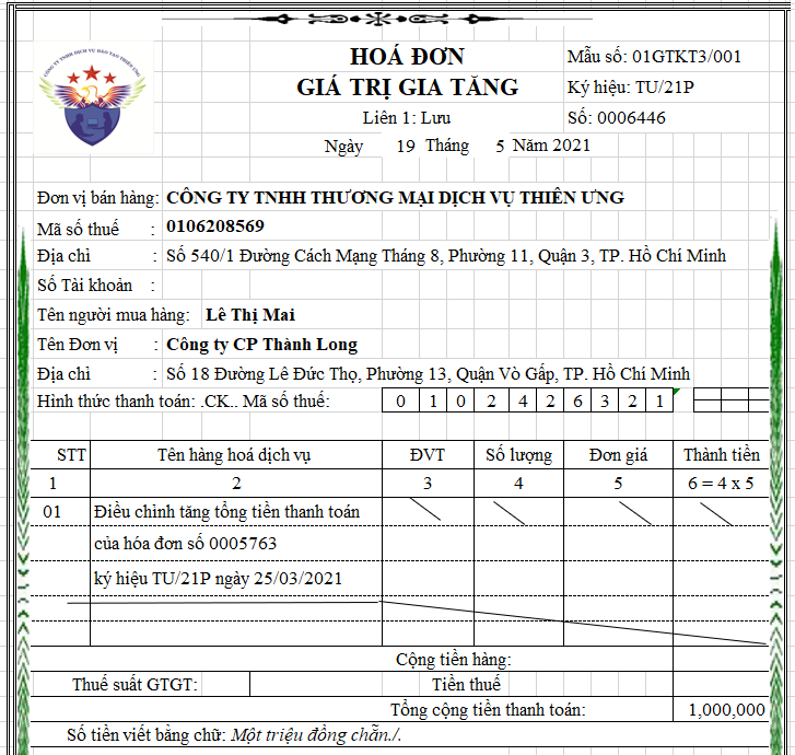 Mẫu hóa đơn điều chỉnh tổng số tiền thanh toán