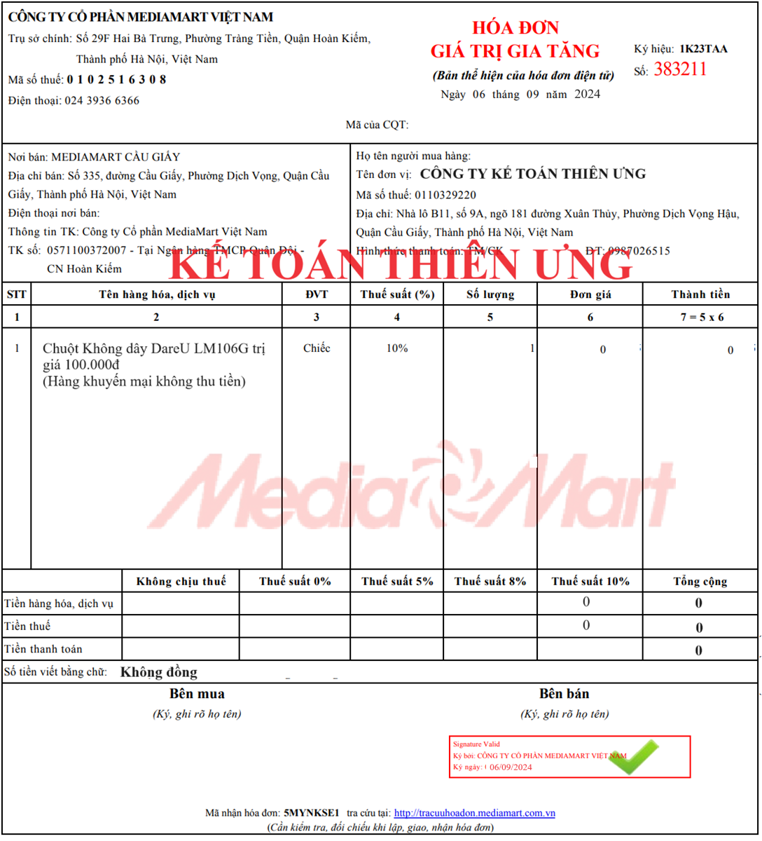 Mẫu hóa đơn hàng khuyến mại không thu tiền