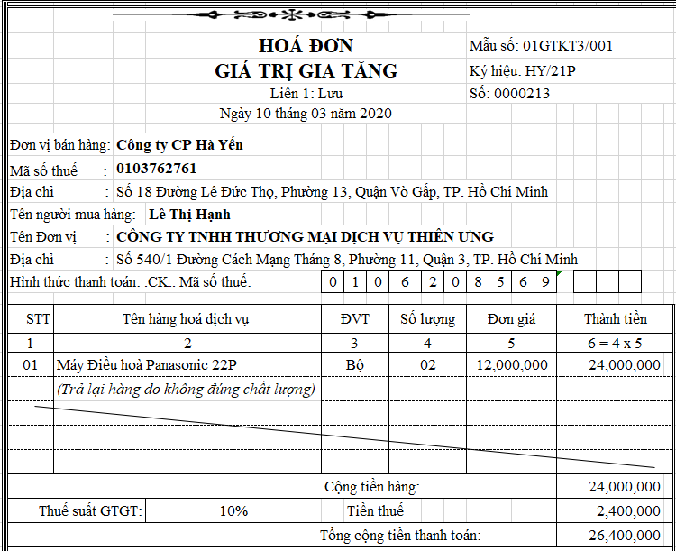 Mẫu hóa đơn trả lại hàng