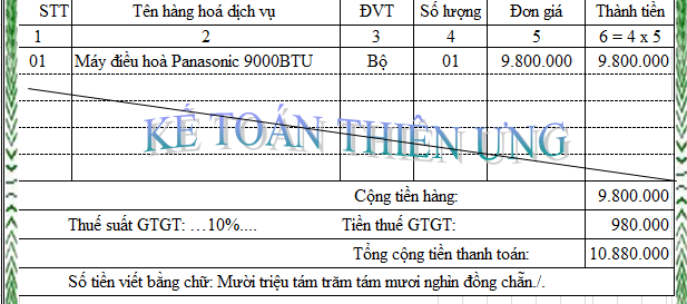 hóa đơn viết sai tổng thanh toán và số tiền bằng chữ