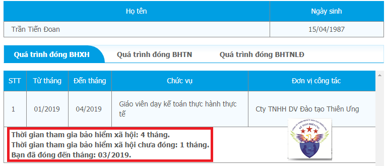 Kết quả tra cứu thời gian đóng BHXH