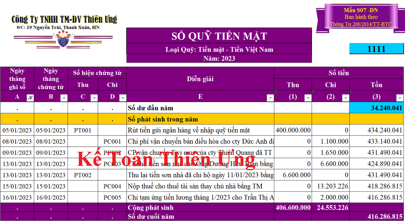 Sổ quỹ trên Excel 