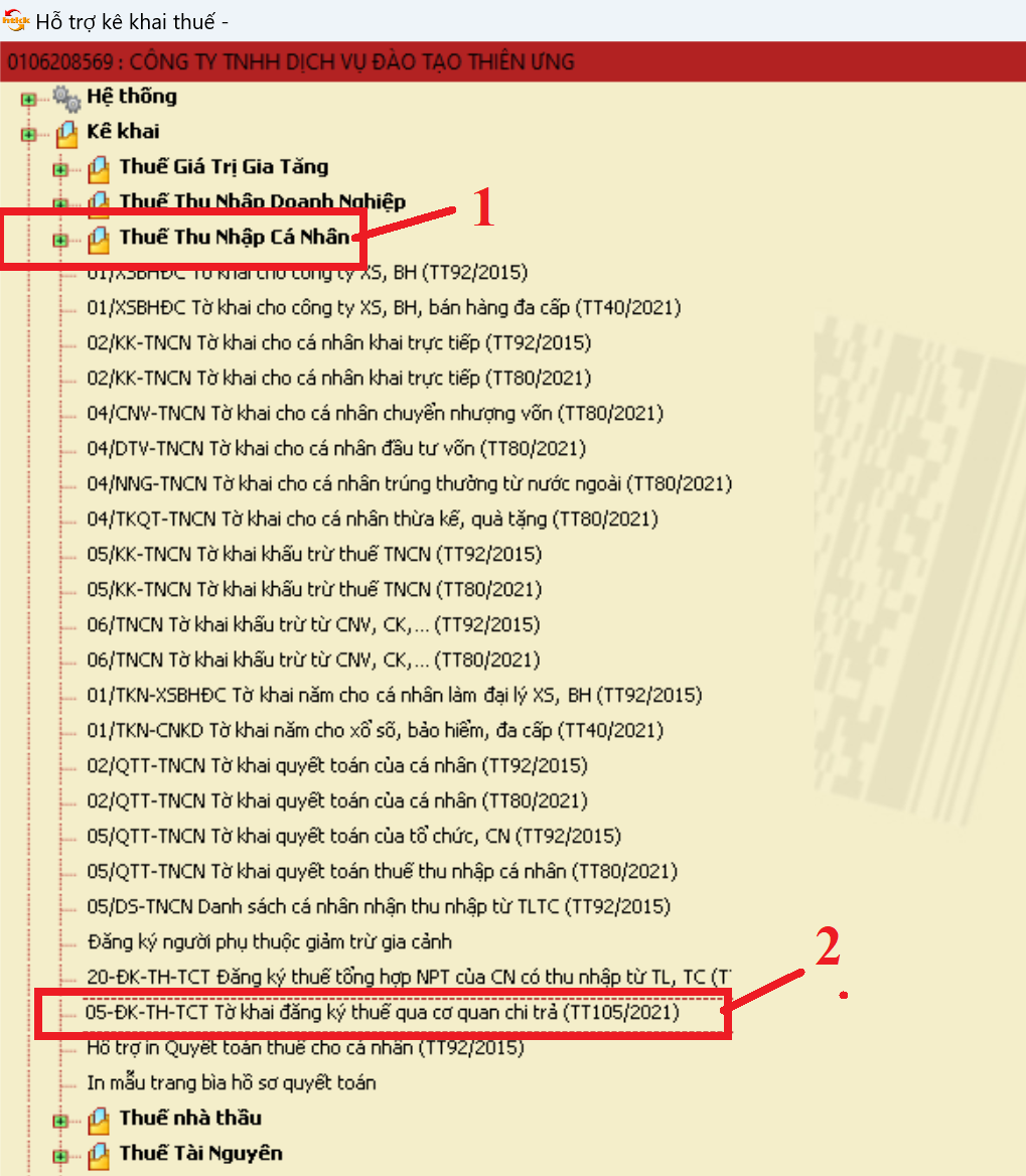 Lựa chọn tờ khai đăng ký MST TNCN trên phần mềm HTKK