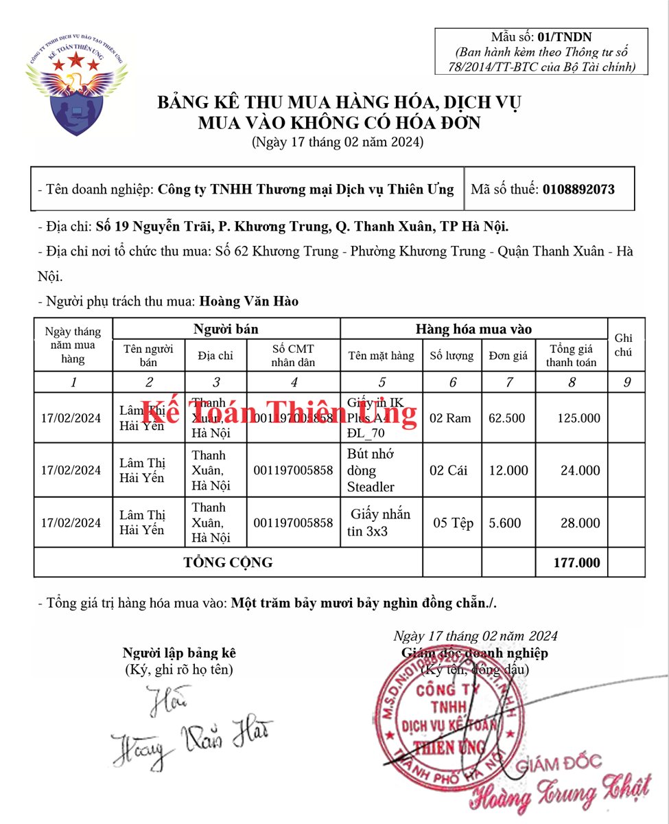 Mẫu bảng kê 01/TNDN