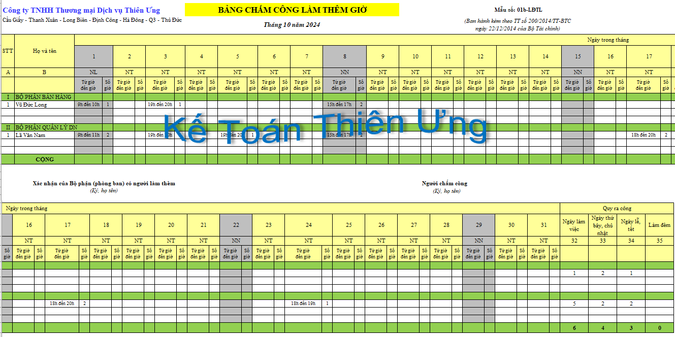 Mẫu bảng chấm công làm thêm giờ theo TT 200