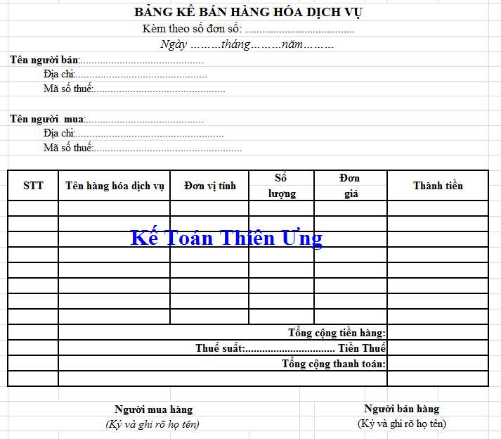 Mẫu bảng kê bán hàng kèm hóa đơn