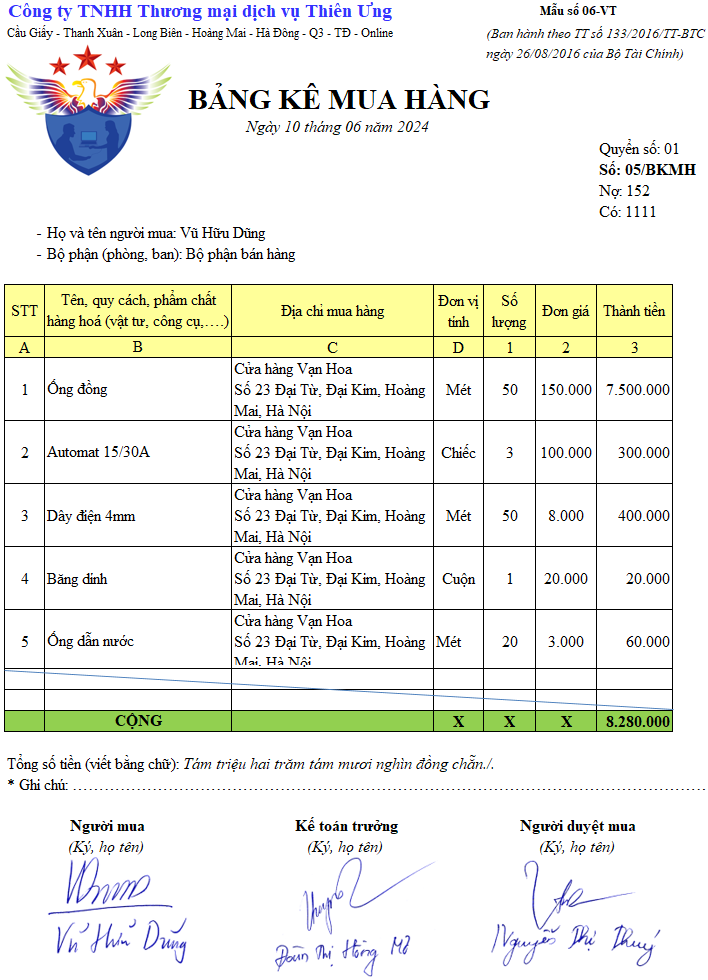 Mẫu bảng kê mua hàng