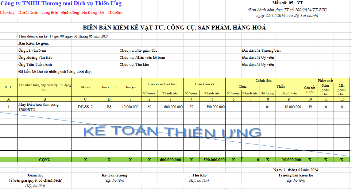 Biên bản kiểm kê công cụ hàng hóa trên Excel