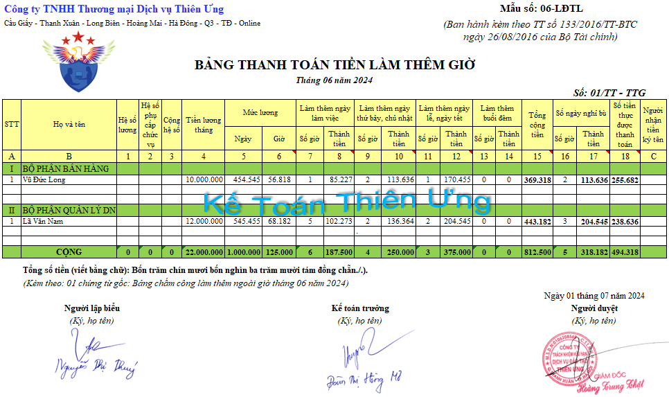 Bảng thanh toán tiền làm thêm giờ theo tt 133