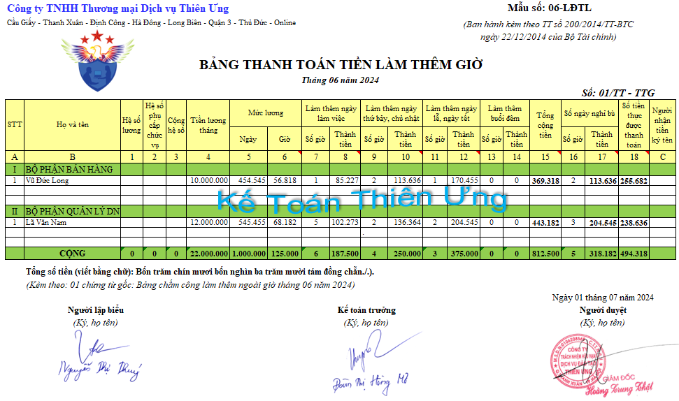 Mẫu bảng thanh toán tiền làm thêm giờ trên excel