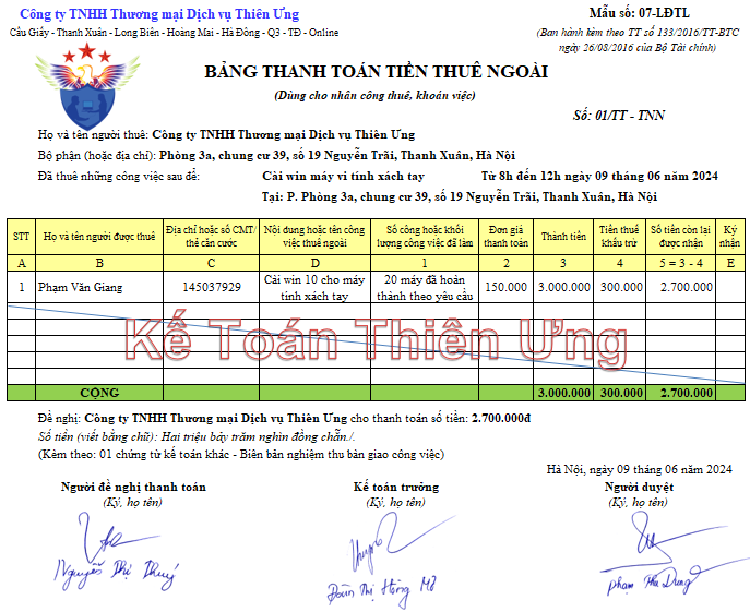 Bảng thanh toán tiền thuê ngoài