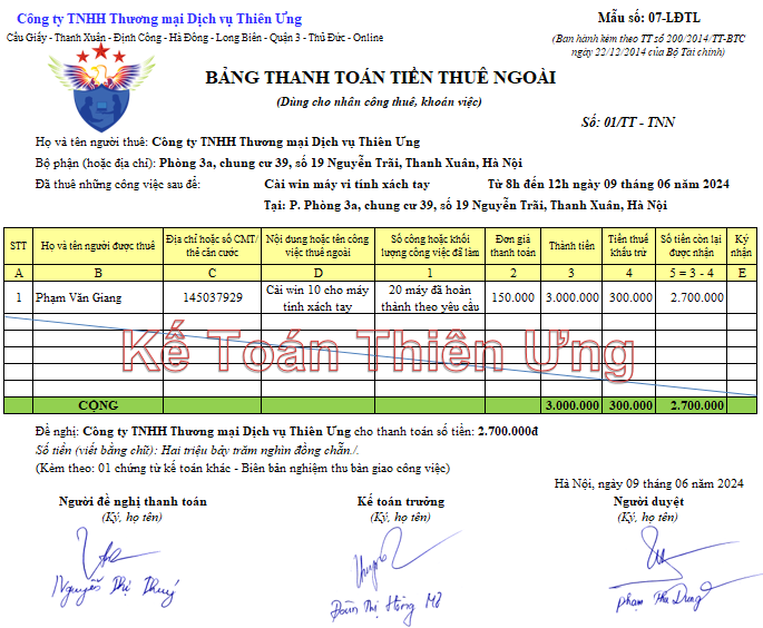 Mẫu bảng thanh toán tiền thuê ngoài theo tt 200