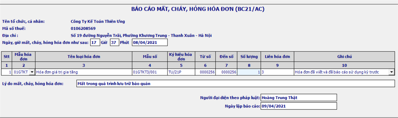 mẫu báo cáo mất hóa đơn BC21/AC