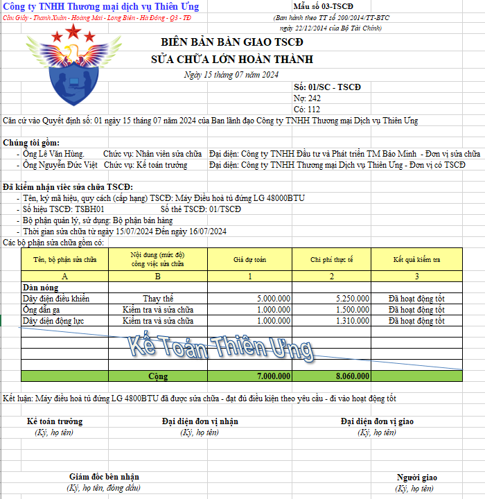 Biên bản bàn giao TSCĐ sửa chữa lớn hoàn thành