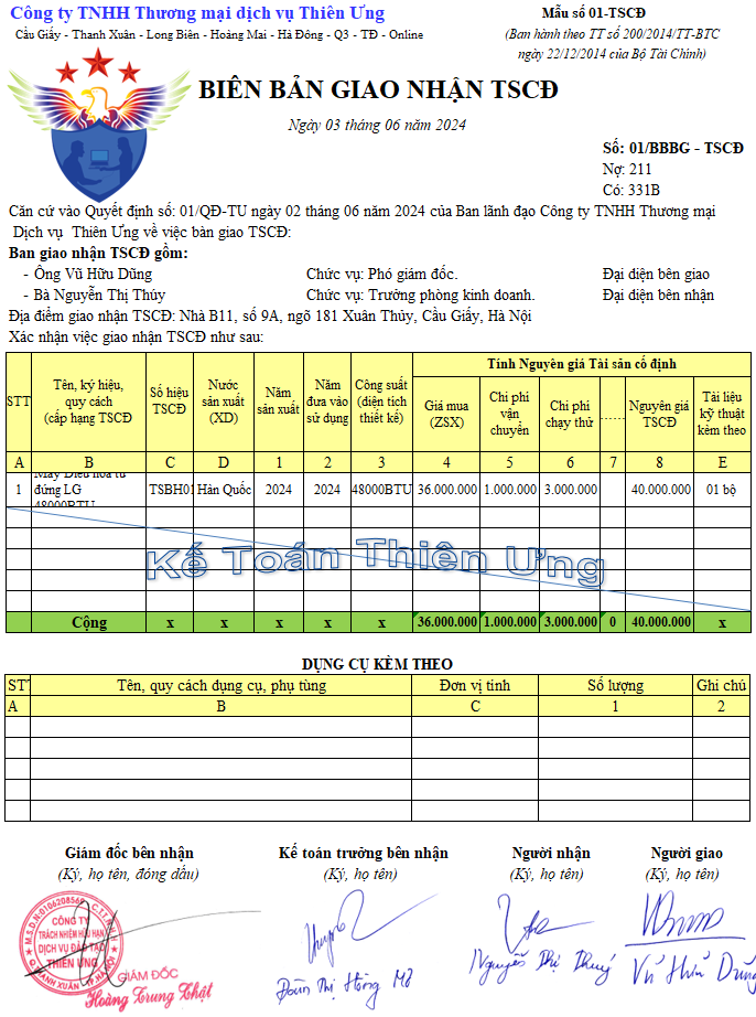 Mẫu biên bản giao nhận tscđ trên Excel