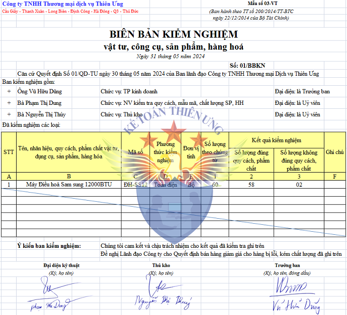 Mẫu biên bản kiểm nghiệm vật tư, công cụ, sản phẩm, hàng hóa