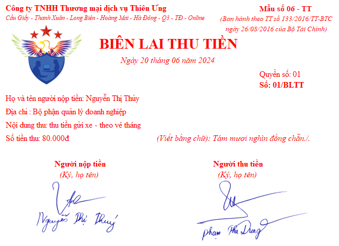 Mẫu biên lai thu tiền