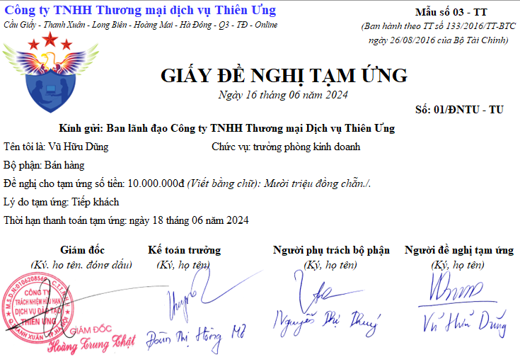 Mẫu giấy đề nghị tạm ứng