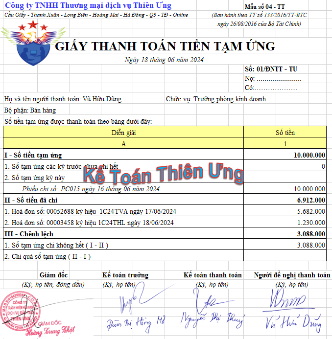 Mẫu giấy thanh toán tiền tạm ứng